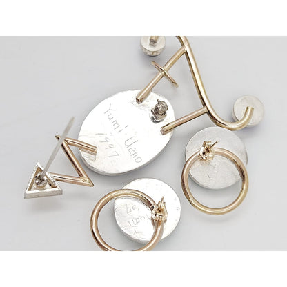 Yumi Ueno Jewelry Designer Yumi Ueno Modernist Sterling 14k Gold Stone Brooch &amp; Earrings Set