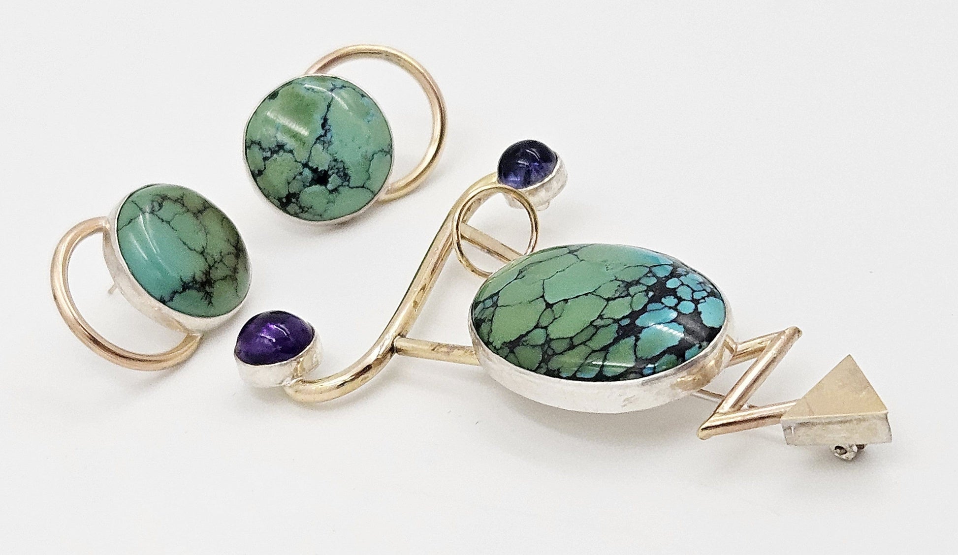 Yumi Ueno Jewelry Designer Yumi Ueno Modernist Sterling 14k Gold Stone Brooch & Earrings Set