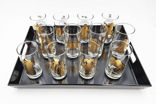 Zodiac Glassware Barware MCM Zodiac Astrology Highball Collins Glassware Bar Tools Tray Set - Ordered Tray Amazon
