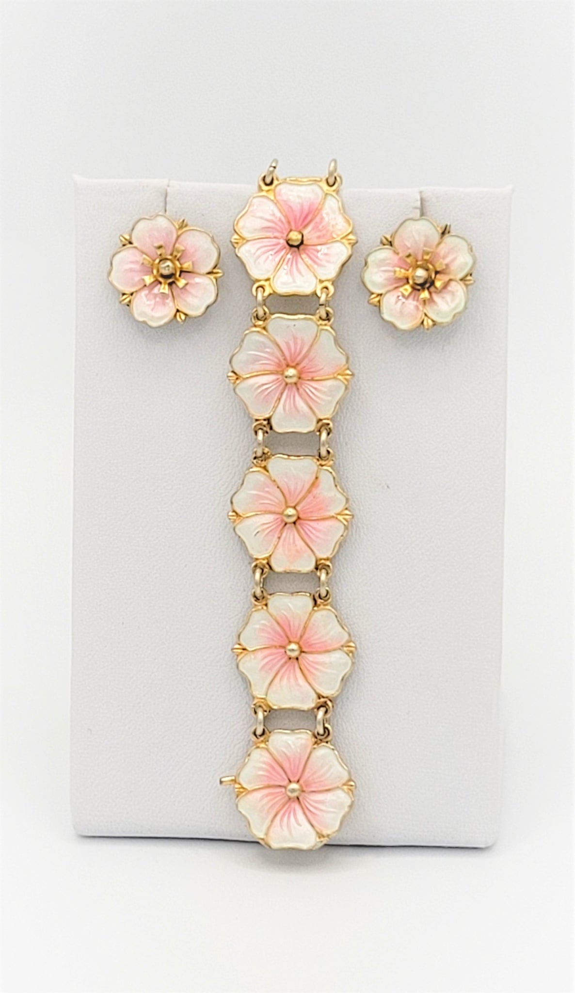 Aksel Holmsen Jewelry Holmsen Norne Norway Sterling Enamel Tropical Flowers Bracelet Earrings Set 1940s