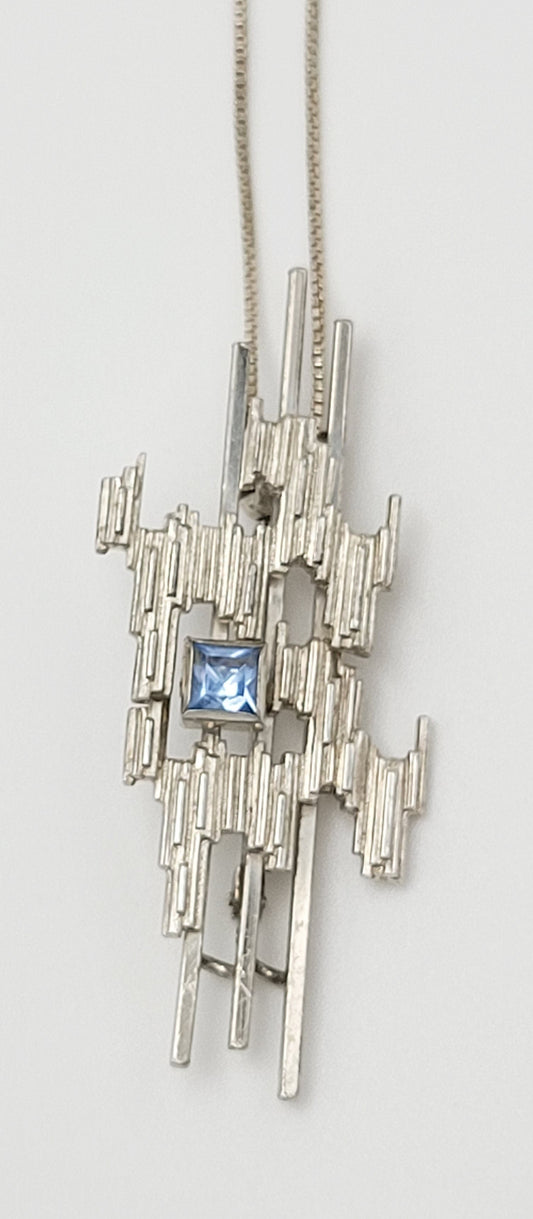 Albert Scharning Jewelry Albert Scharning Norway Sterling & Topaz Brutalist Pendant Brooch Necklace 1950s