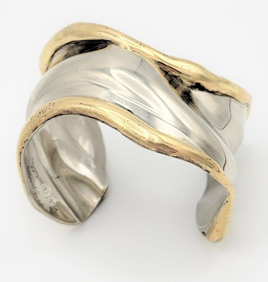 Allen Jacobsen Jewelry Allen Jacobsen Sterling Brass Modernist Abstract Bone Cuff Signed Dated 1979