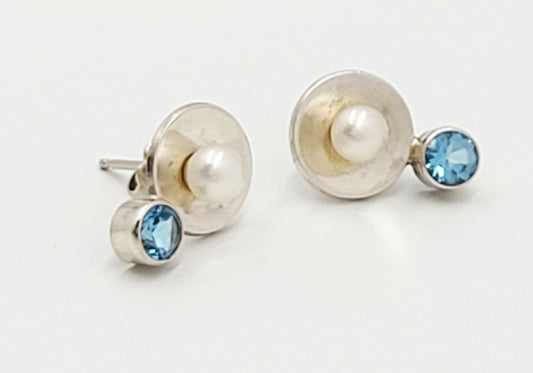 B Levy Earrings Artisan Signed Sterling Silver and 14K Gold Earrings Pearl & Blue Topaz B Levy