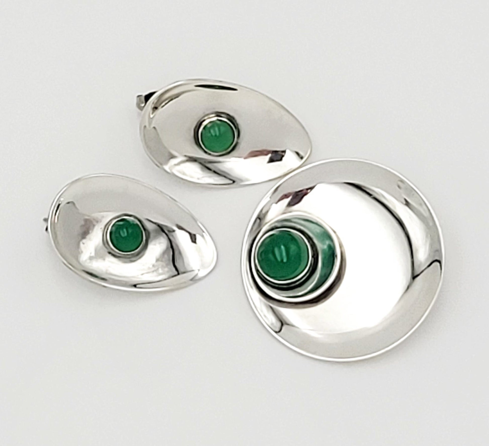 Bjorklund Jewelry Danish Designer Bjorklund Sterling Green Chalcedony Brooch Earring Set 60s RARE