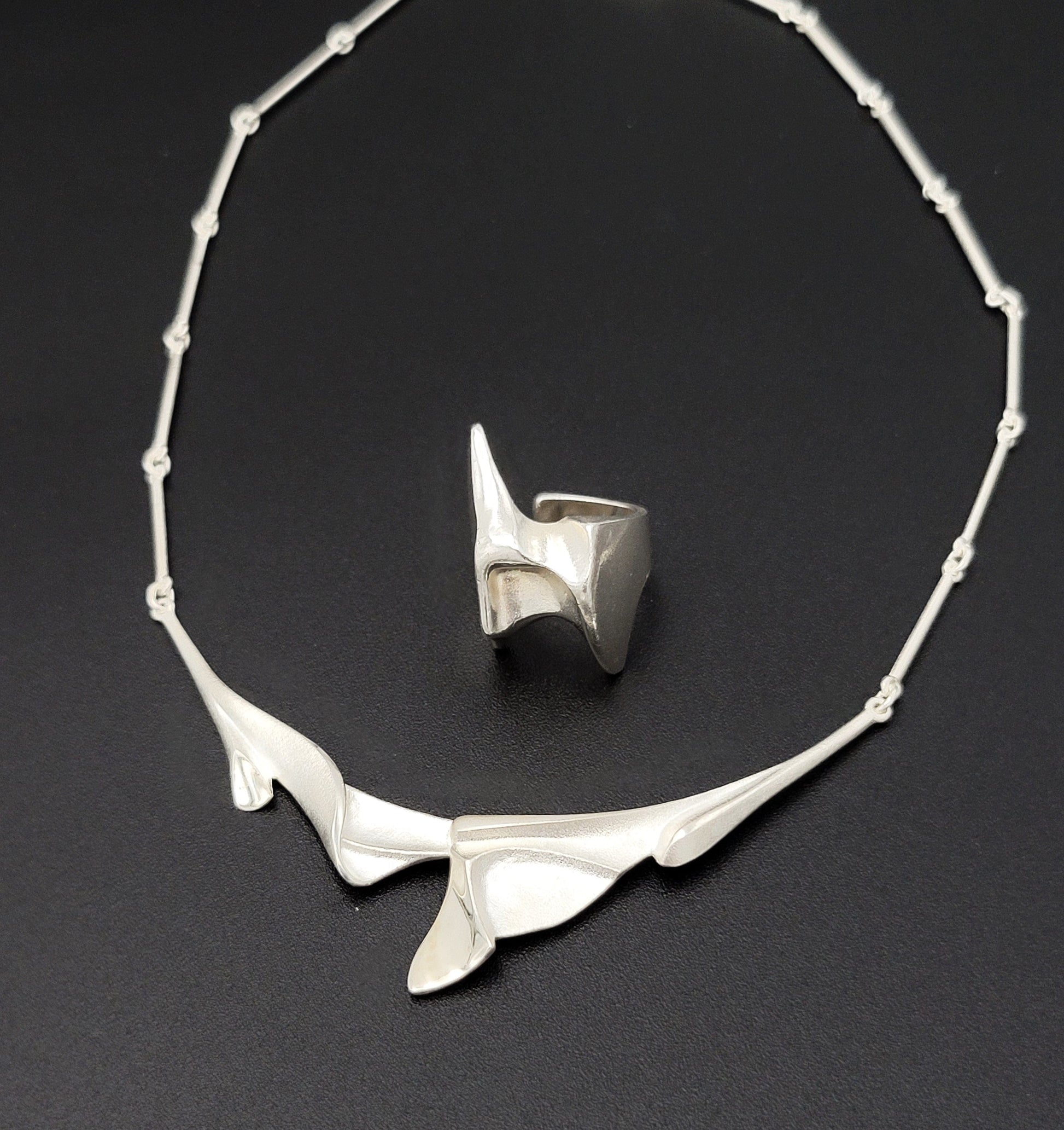 Bjorn Weckstrom Lapponia Jewelry Bjorn Weckstrom Lapponia Finland Sterling Abstract Modernist Necklace & Ring Set
