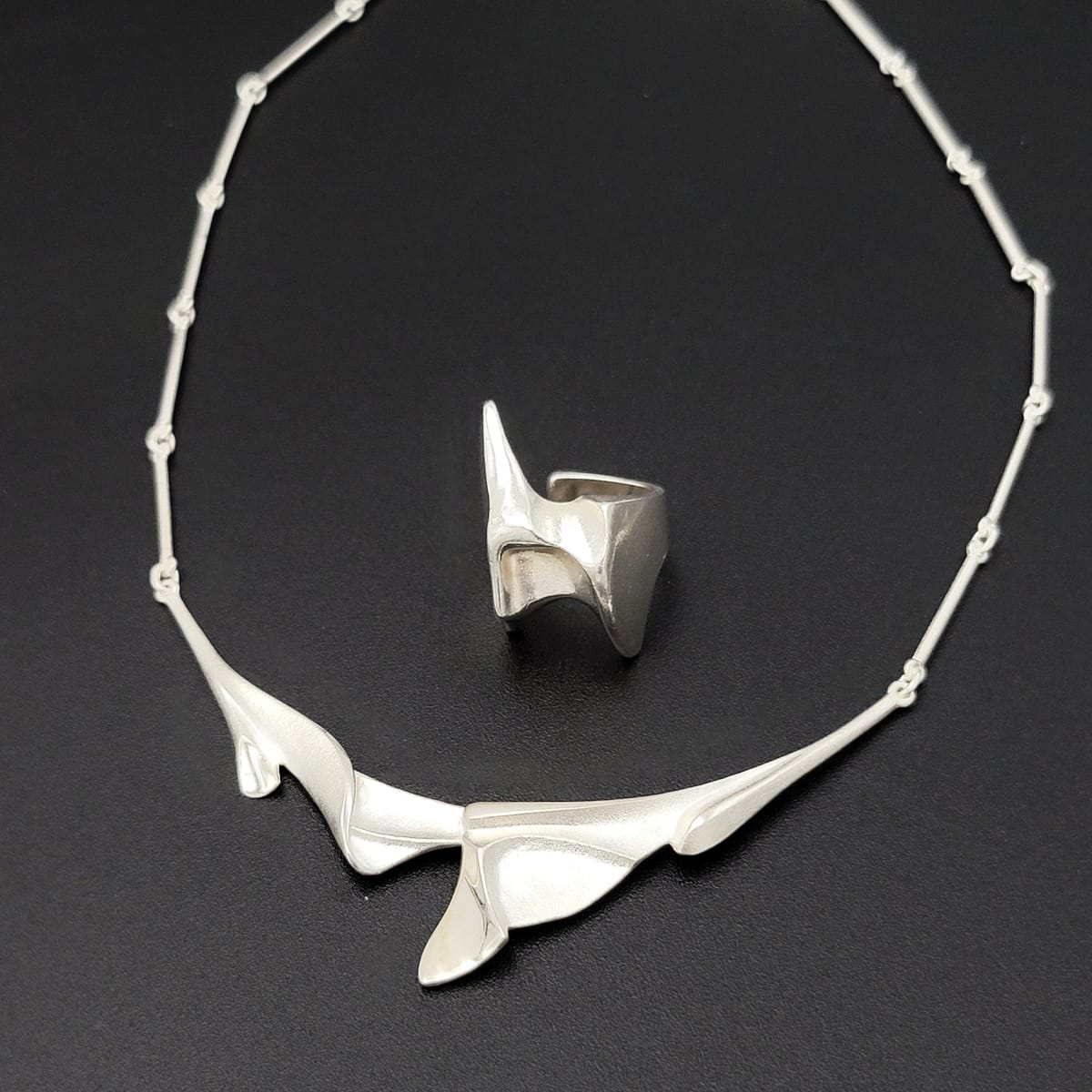 Bjorn Weckstrom Lapponia Jewelry Bjorn Weckstrom Lapponia Finland Sterling Abstract Modernist Necklace &amp; Ring Set
