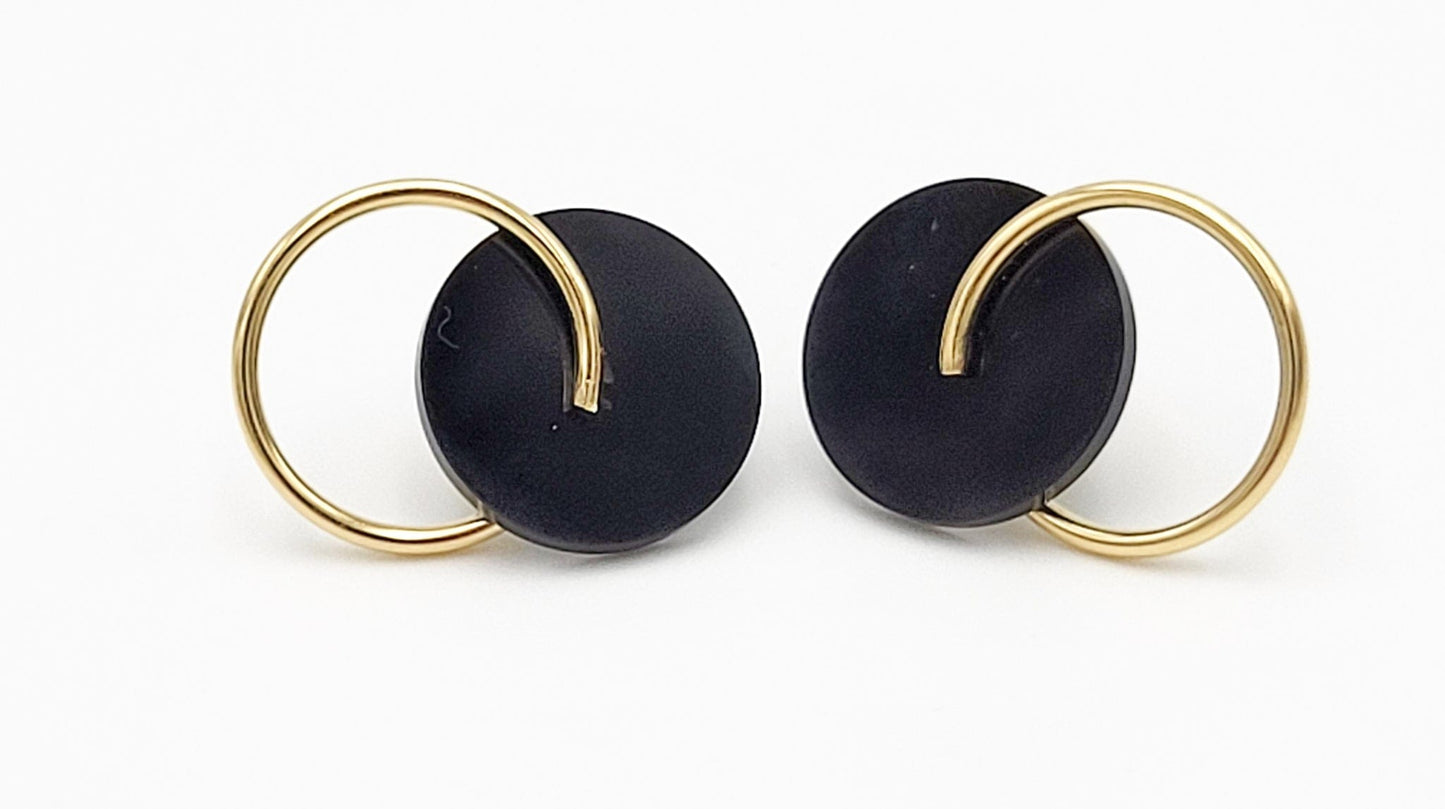 BO 14K Jewelry Designer Signed 14k Gold & Black Lucite Abstract Modernist Earrings Circa 1980's