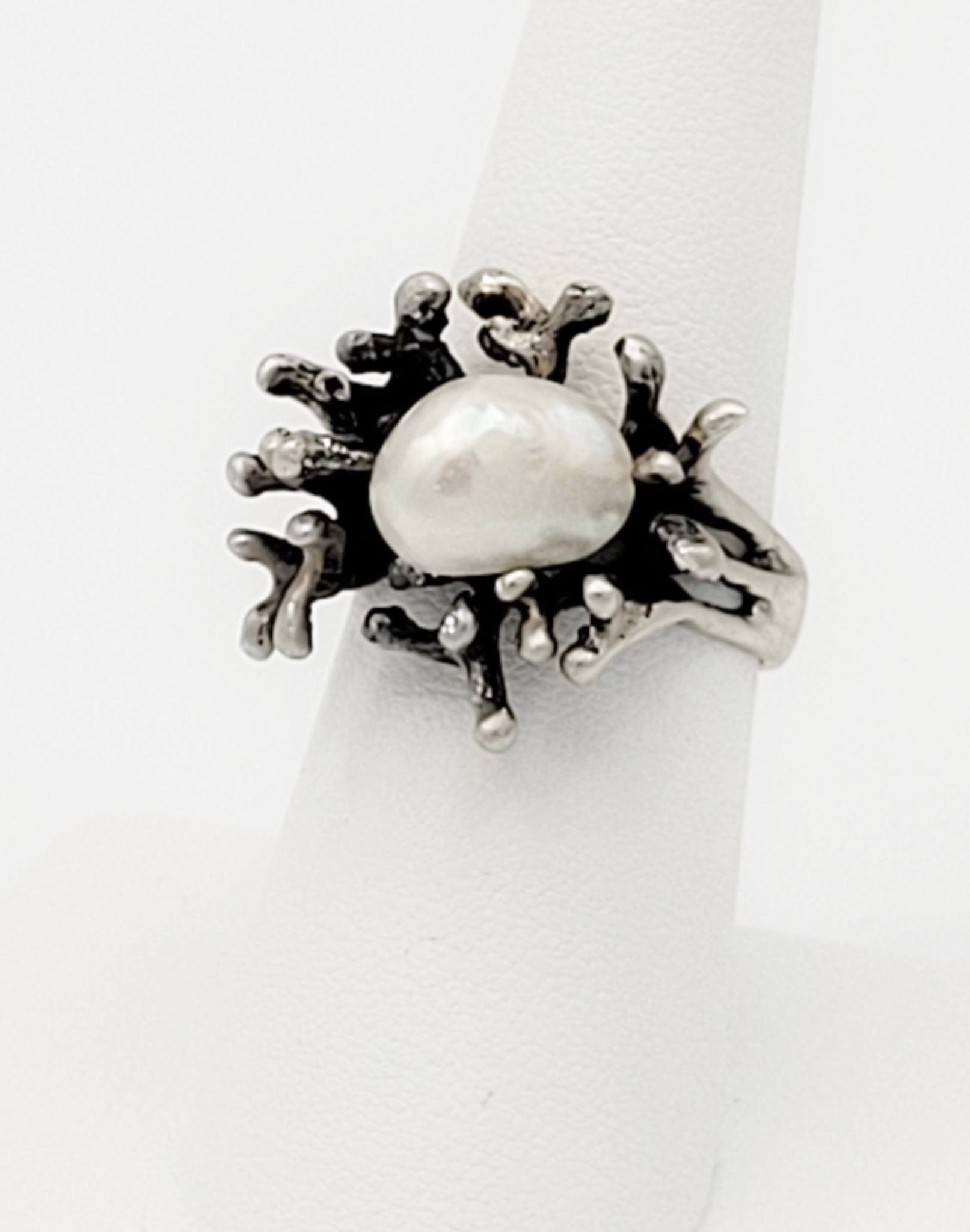Brutalist Sterling Ring Jewelry Vintage Artisan Modernist Brutalist Sterling & Pearl Birds Nest Cocktail Ring - Signed
