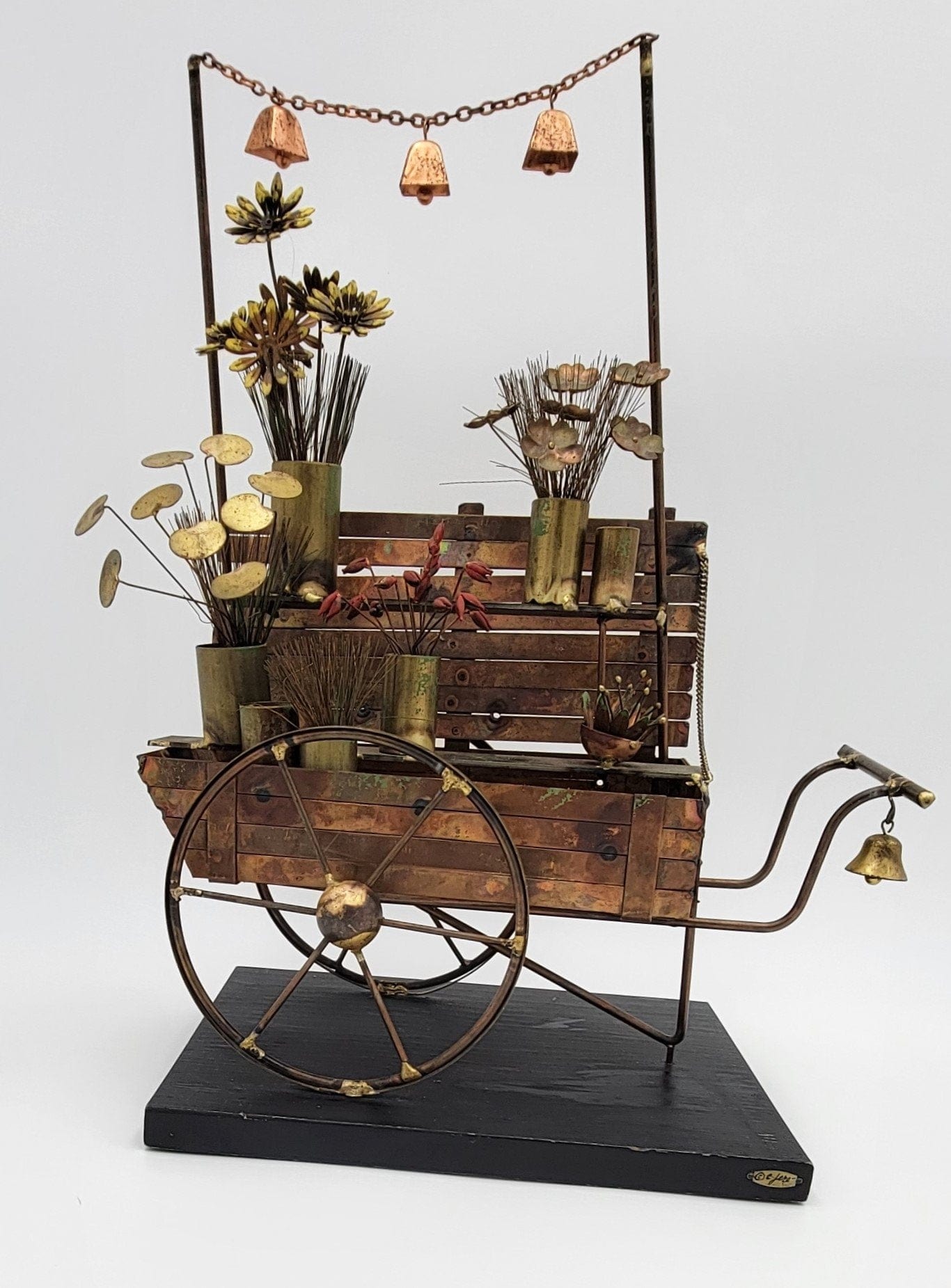 Vintage Designer Curtis Jere 3-D Brass Copper Flower Cart Sculpture Circa 1960s - Trendy MCM Home