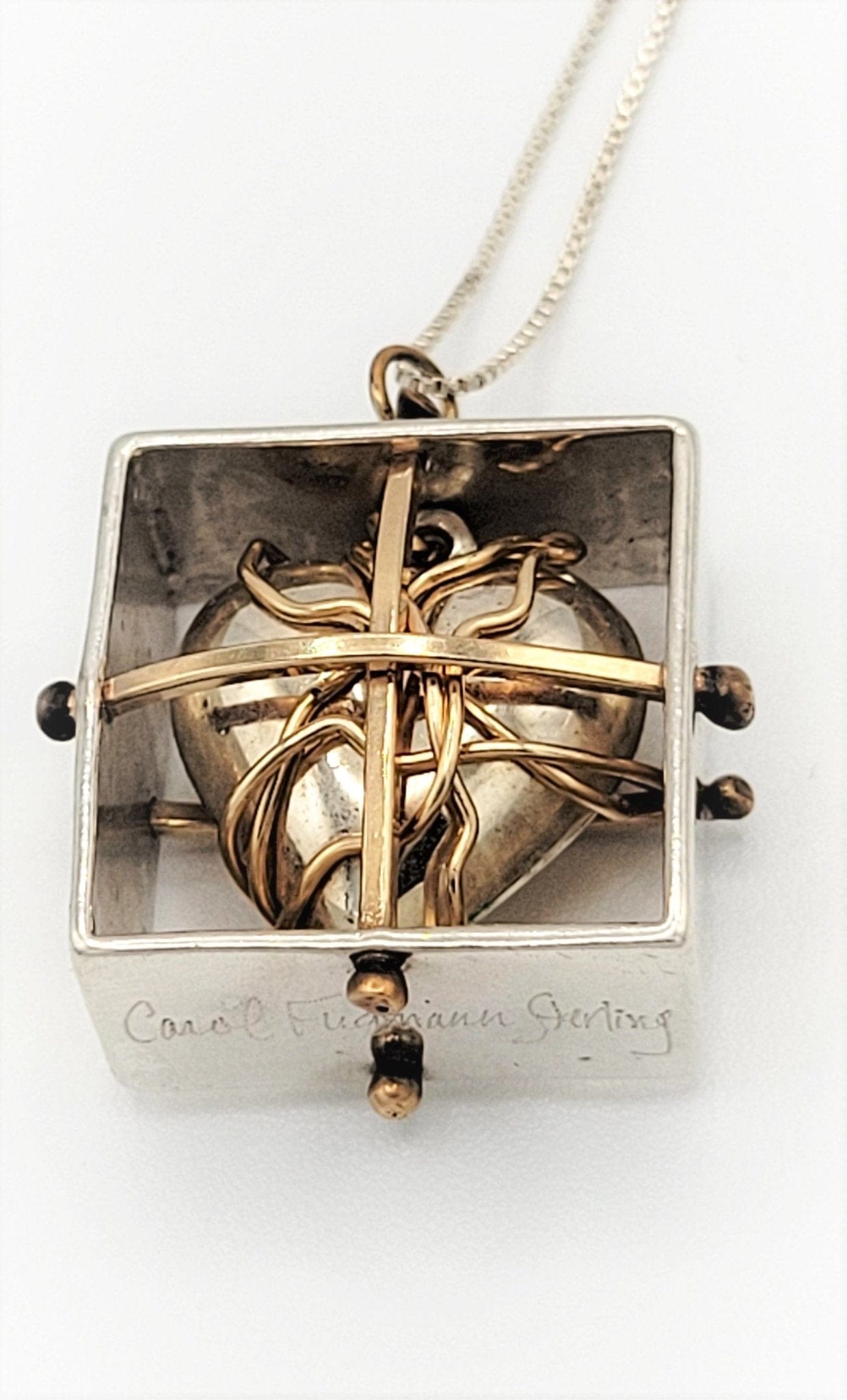 Carol Fugmann Jewelry Superb 925 & 14kt Gold MODERNIST Lockbox Heart Carol Fugmann Signed Pendant