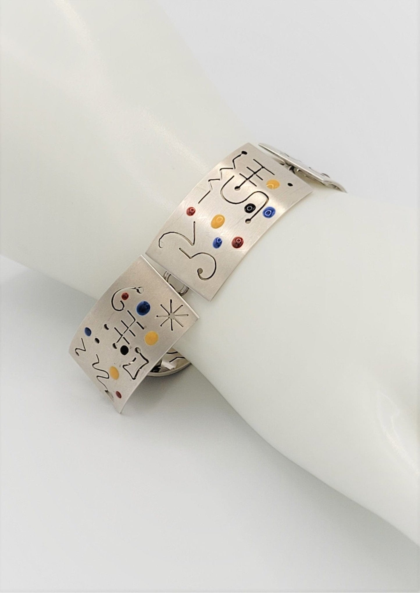 Carol Jewelry Vintage 925SS & Enamel Retro Atomic Modernist Bracelet Signed CAROL Circa 1950s