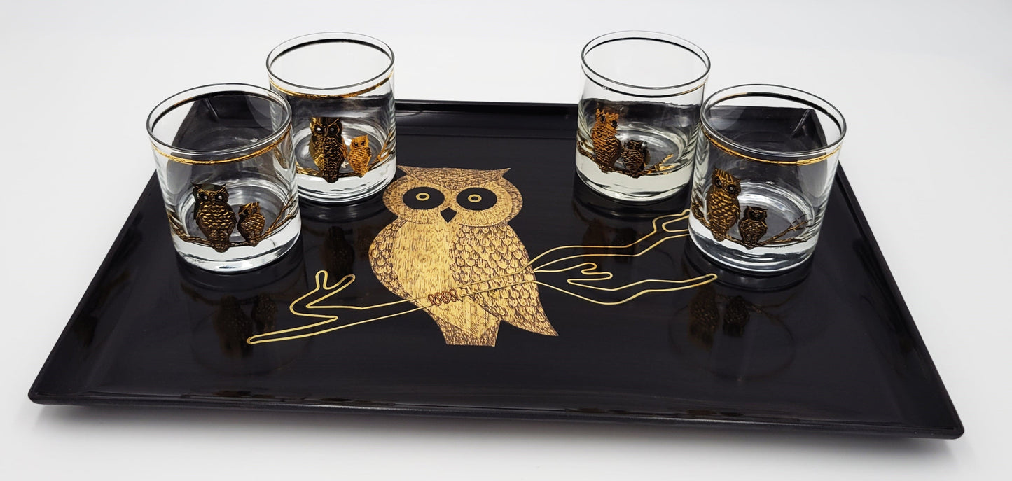Couroc Serveware Couroc Melamine Owl Serving Tray and Culver 22kt Gold Rocks Glasses Set 1960's