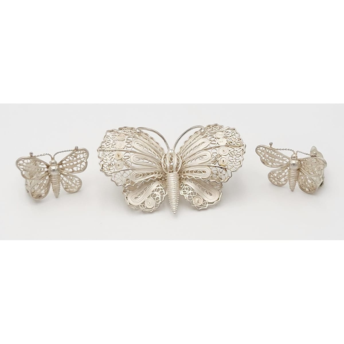 Danish Sterling Jewelry US Imported Danish Sterling Filagree Butterfly Brooch &amp; Earring Set Circa 1930s
