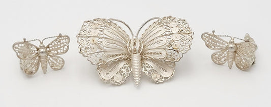 Danish Sterling Jewelry US Imported Danish Sterling Filagree Butterfly Brooch & Earring Set Circa 1930s