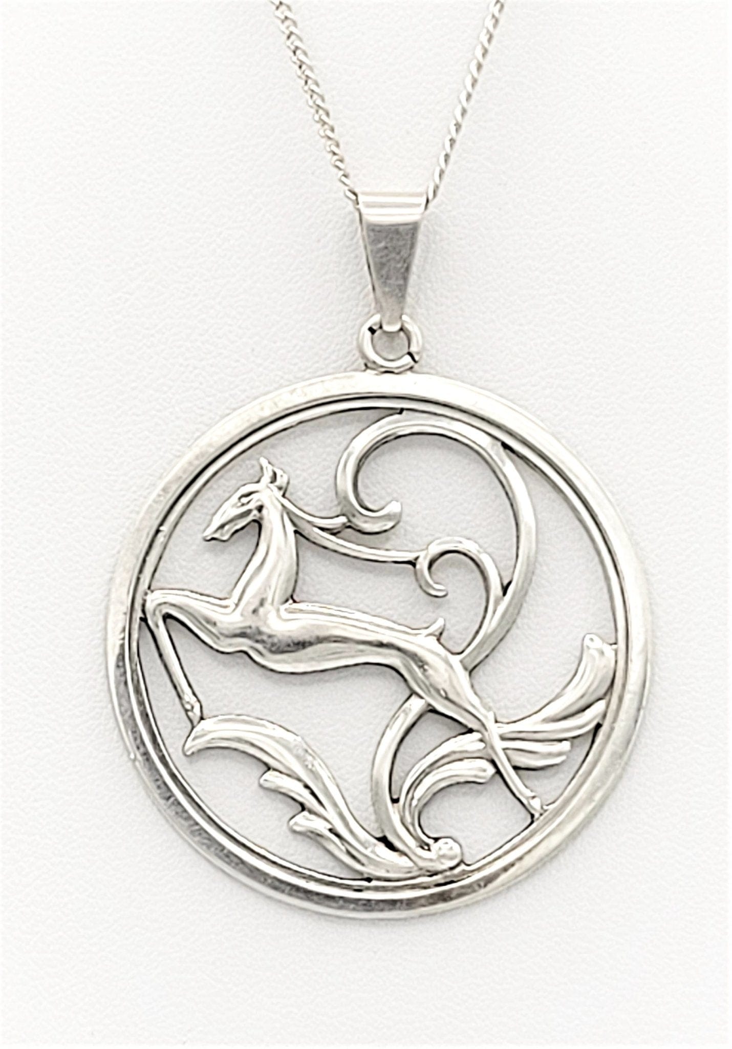 Dansk Jewelry 830S Dansk Guldsmedes Sølv Denmark Leaping Deer Gazelle Necklace Circa 1940's