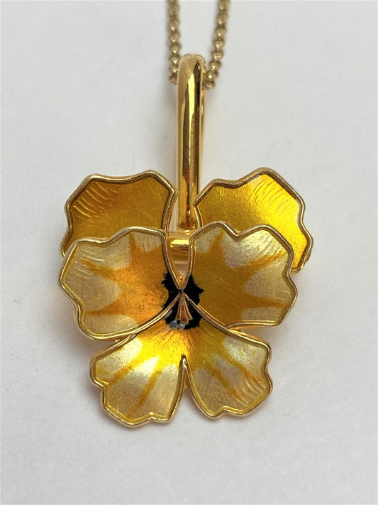 David Andersen Jewelry David Andersen Norway Gilt 925SS Yellow Enamel 3-D Pansy Necklace 1950's