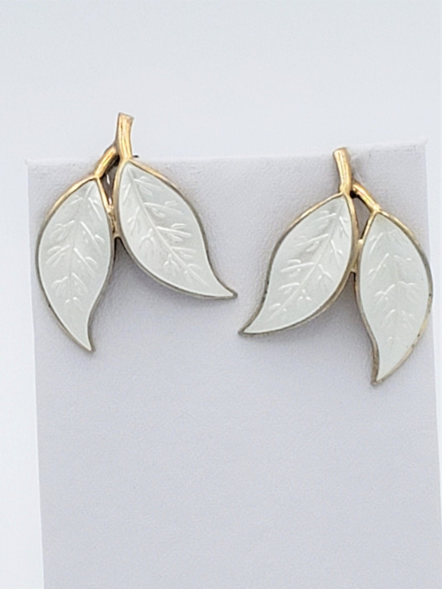 David Andersen Jewelry David Andersen Willy Waenness 925S White Enamel Double Leaf Earrings Circa 1950's