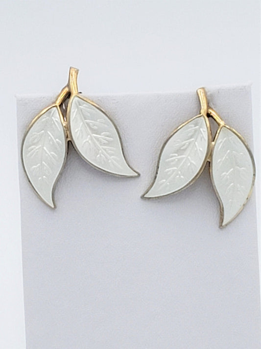 David Andersen Jewelry David Andersen Willy Waenness 925S White Enamel Double Leaf Earrings Circa 1950's