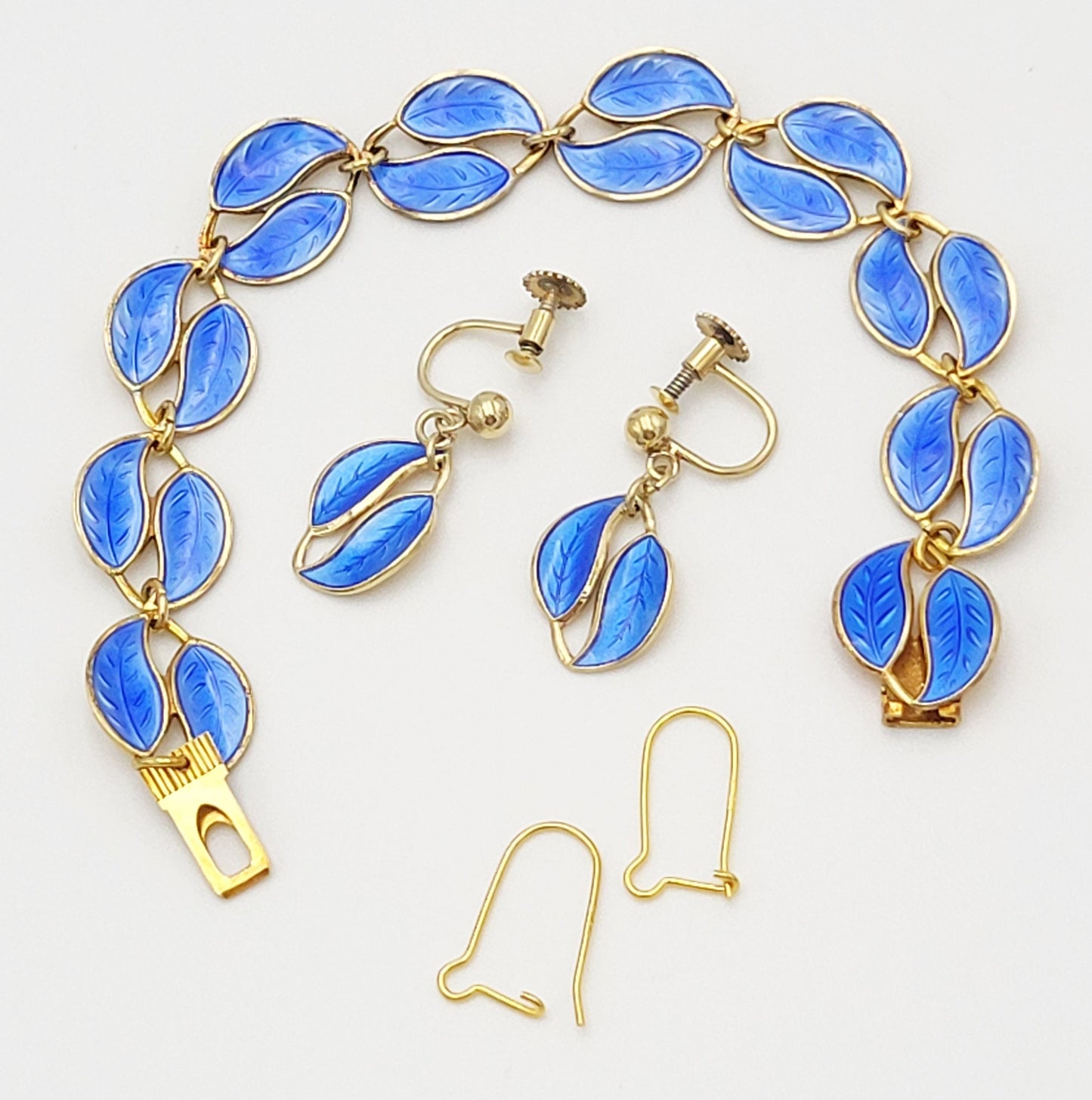 David Andersen Jewelry Norway David Andersen Sterling Blue Enamel Double Leaf Demi Parure Set 1950s