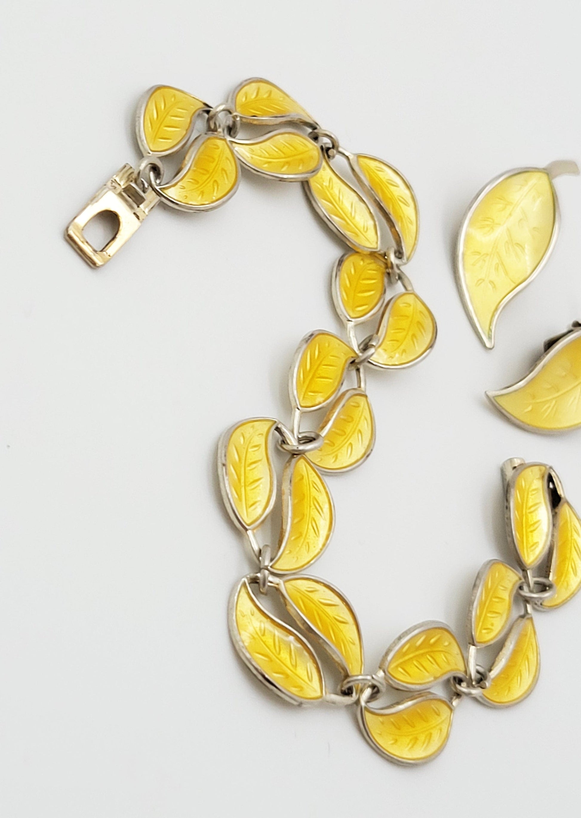 David Andersen Jewelry WW David Andersen Sterling Yellow Enamel Leaf Bracelet Earrings Set 1950's