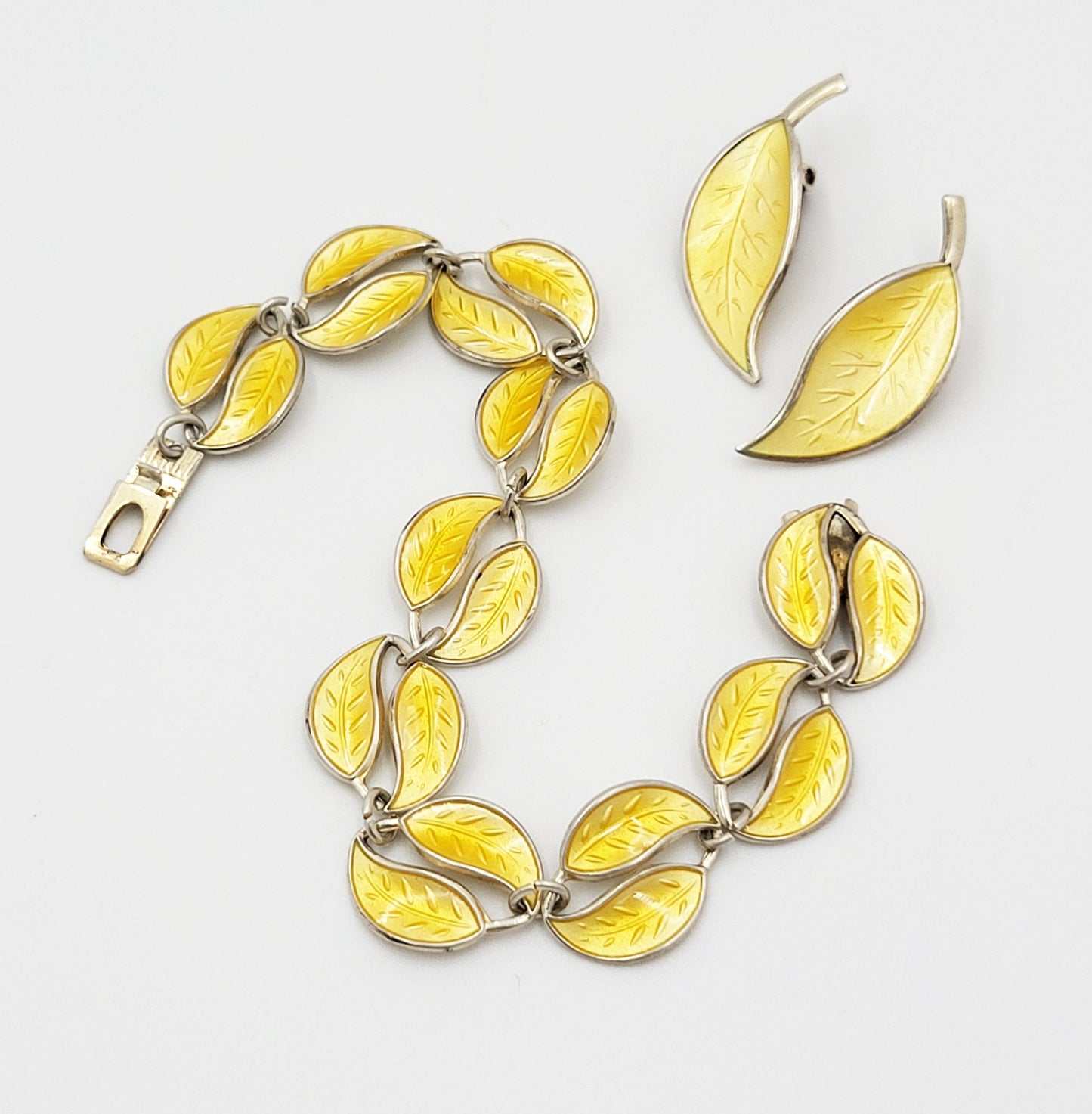 David Andersen Jewelry WW David Andersen Sterling Yellow Enamel Leaf Bracelet Earrings Set 1950's