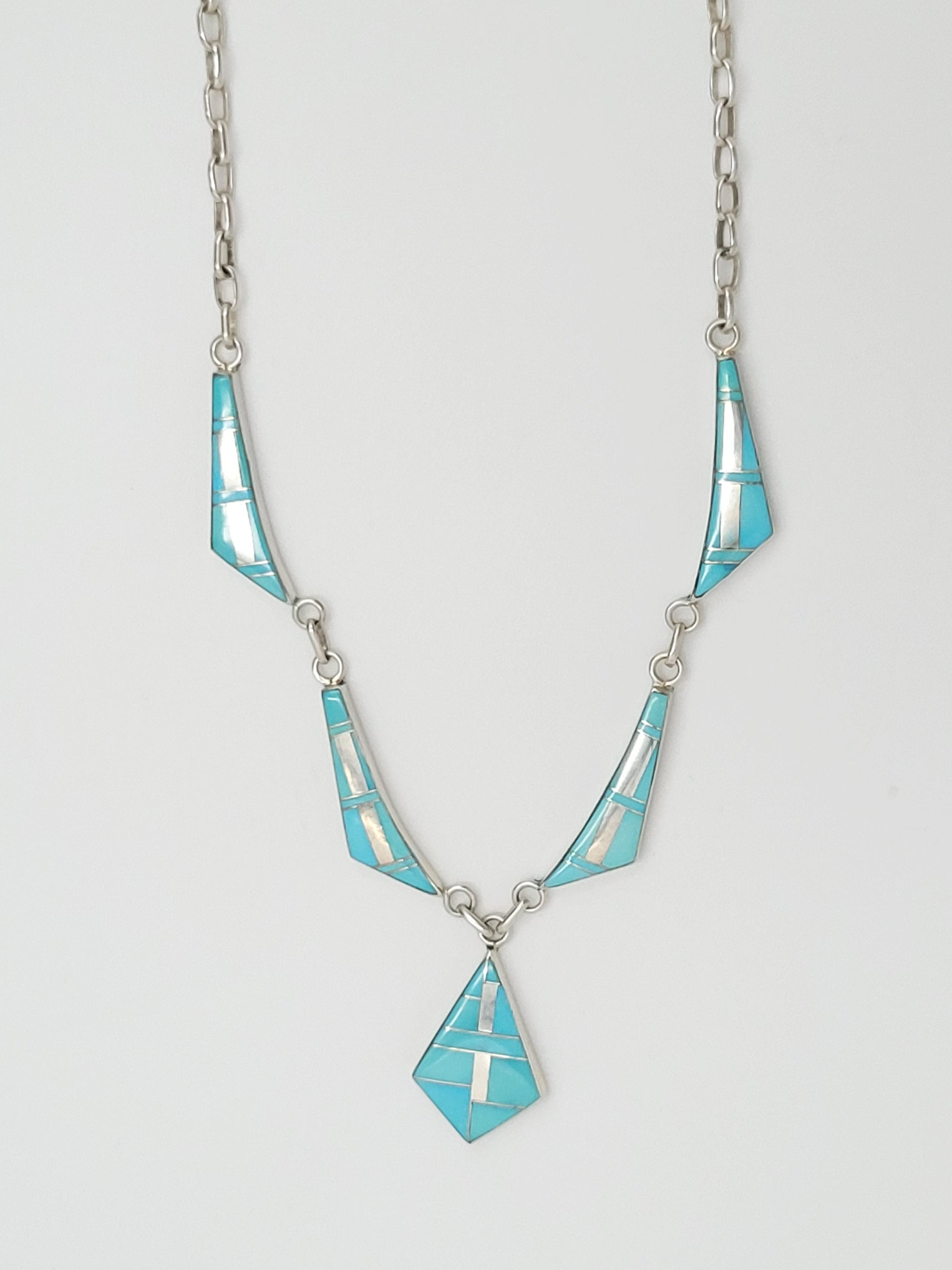 DM Begay Jewelry Navajo Artist DM Begay Sterling Silver Turquoise Modernist Necklace Circa 1990s