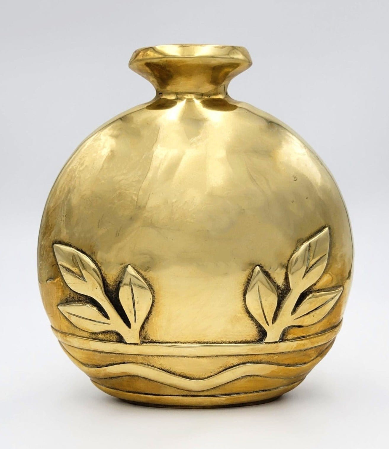 Dolbi Cashier Vases Stunning LARGE Dolbi Cashier Art Deco Brass Vase with Raised Floral Motif 1980