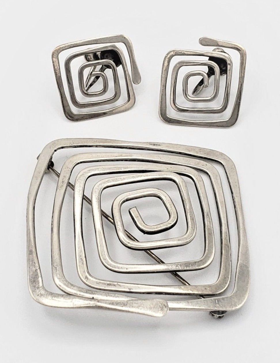 Ed Wiener Jewelry Iconic Ed Wiener Sterling MODERNIST Spiral Square Brooch & Earring Set 1950s