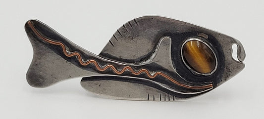 Ed Wiener Jewelry Superb Ed Wiener Sterling Tiger's Eye Copper MODERNIST Fish Brooch 1950s RARE