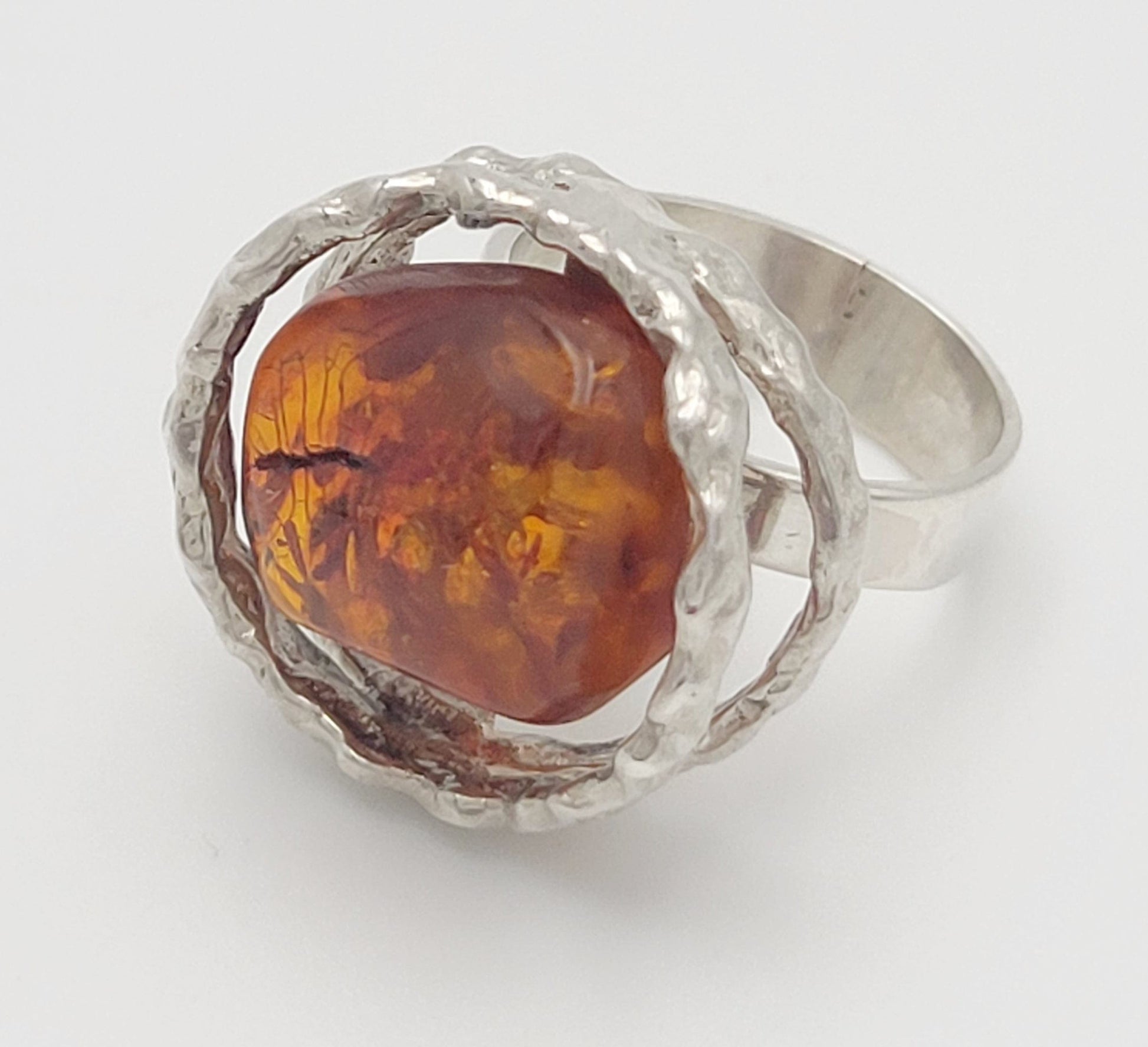 EF Denmark Jewelry Designer Sterling Silver & Amber Statement Cocktail Ring Signed 1960's EF Denmark