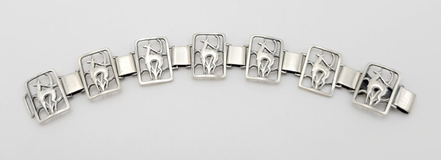 Eiler Marloe Jewelry Danish Eiler & Marloe Art Deco Leaping Deer Gazelle Sterling Panel Link Bracelet 1940s