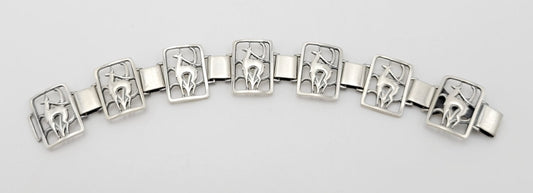 Eiler Marloe Jewelry Danish Eiler & Marloe Art Deco Leaping Deer Gazelle Sterling Panel Link Bracelet 1940s