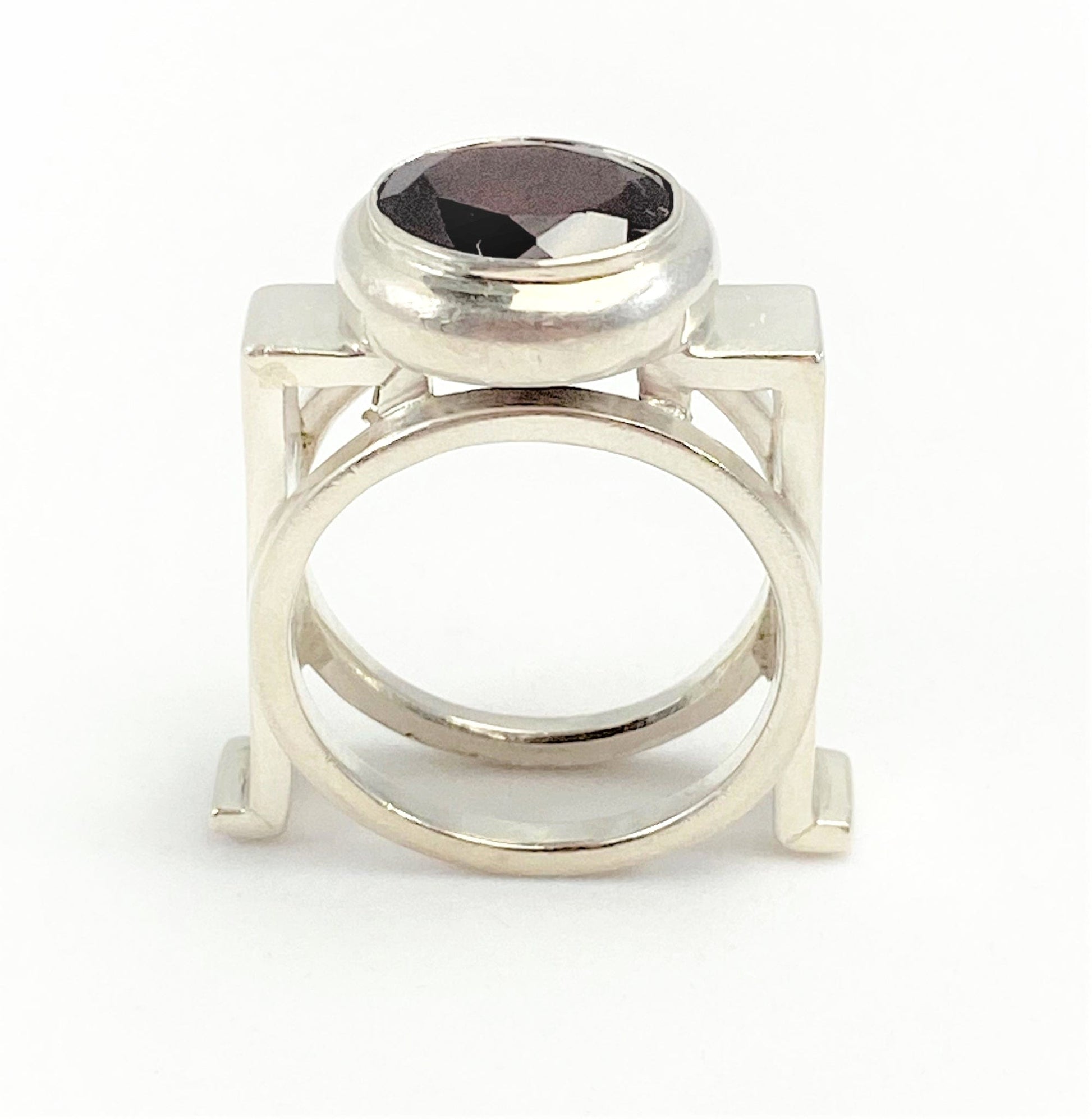 Estate Silver Jewelry Vintage Estate Sterling Silver & Garnet Abstract Modernist Square Cocktail Ring