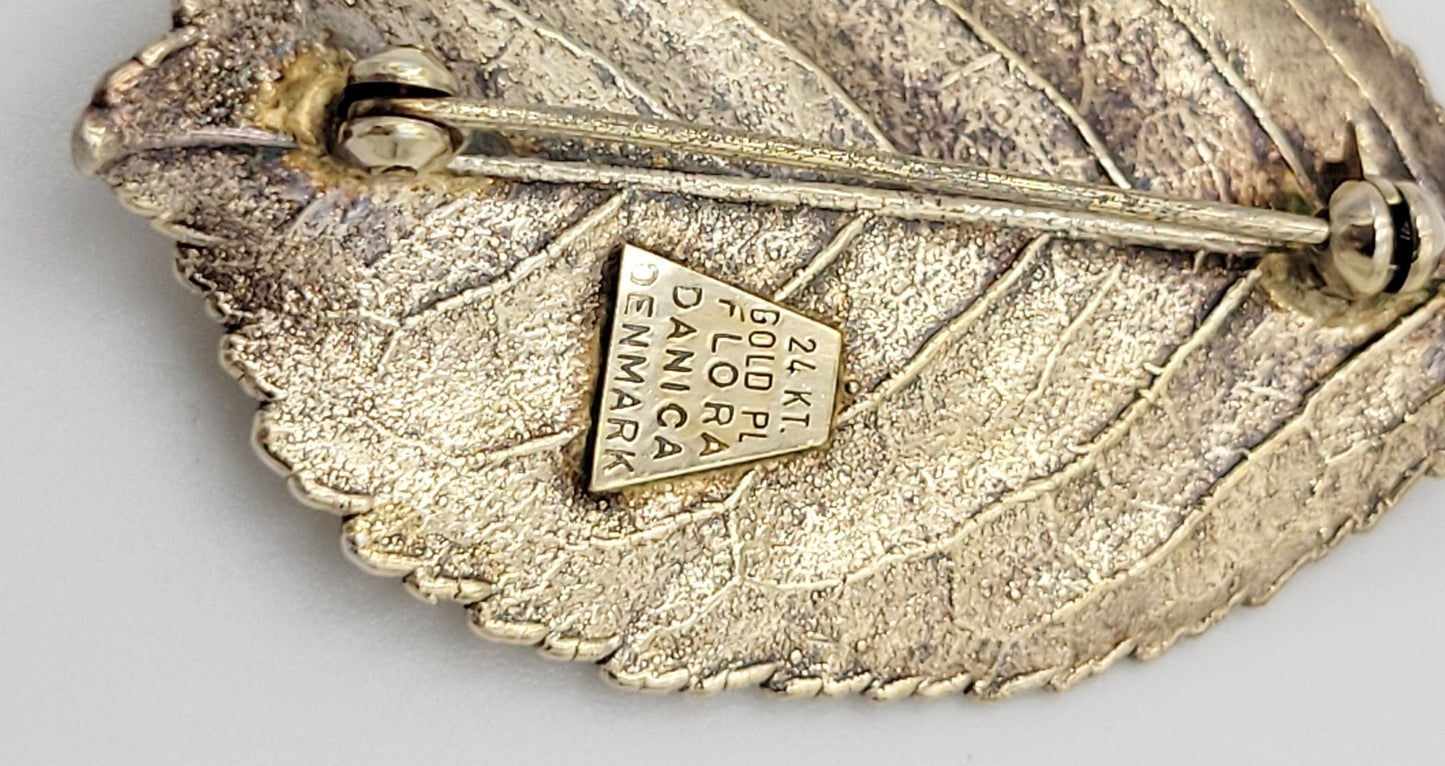 Flora Danica Jewelry Flora Danica Denmark 24K Gold Sterling Leaf Brooch Pin Pendant Circa 1950s