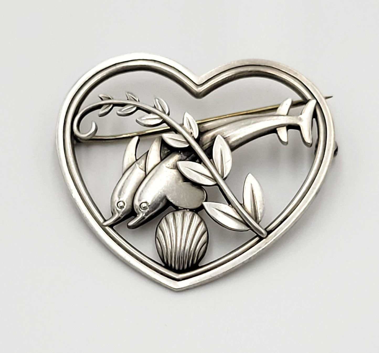 Georg Jensen Jewelry Danish Designer Georg Jensen LARGE Heart Shaped Dolphins Sterling Brooch #312