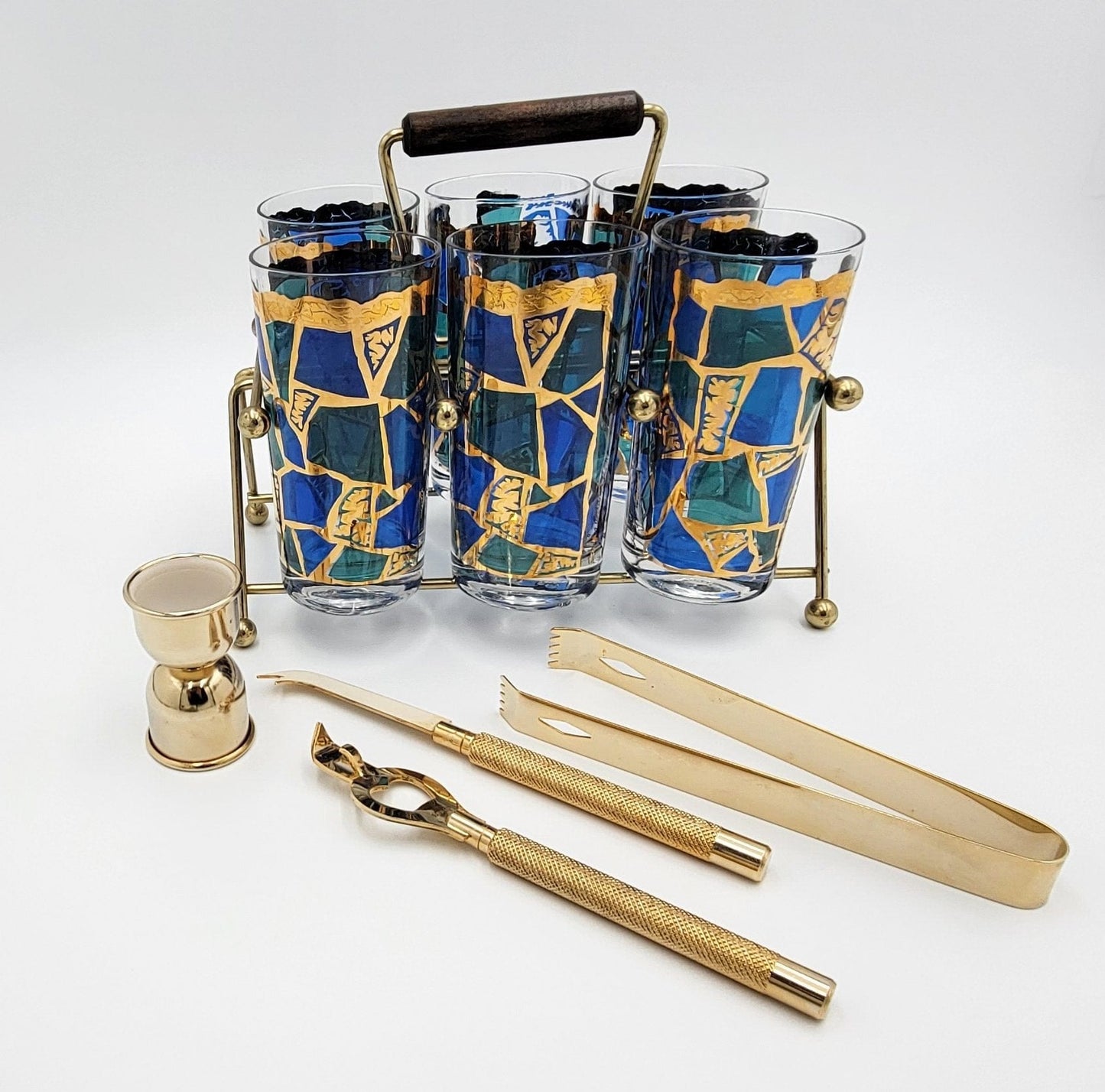 Georges Briard Barware Vintage Designer Georges Briard 22kt Glassware Caddy & Bar Tool Set Circa 1960s