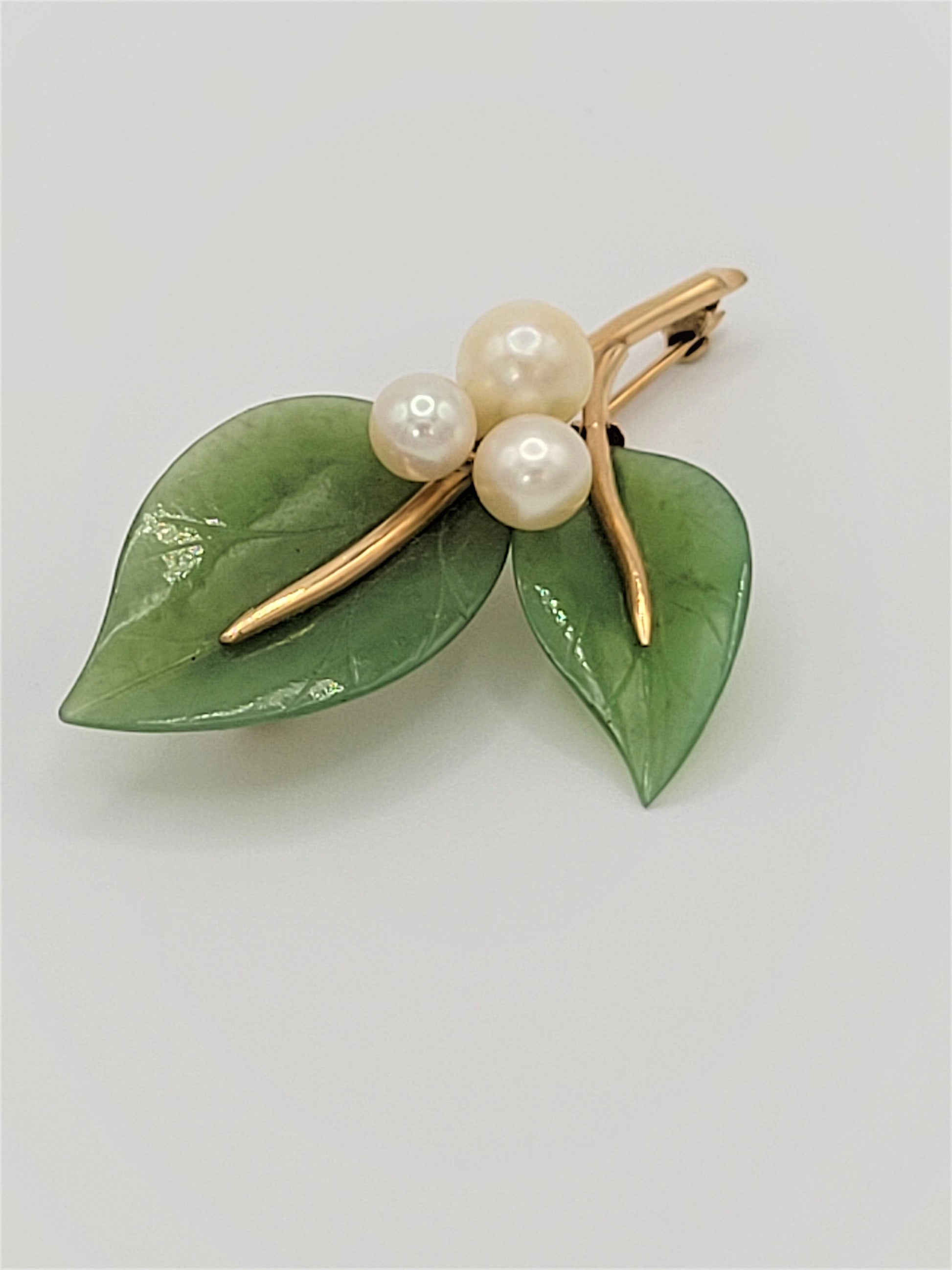 Gump's Jewelry Vintage Gumps 14k Gold Pearl Green Jade Flora Fauna Brooch RARE Mint Condition!