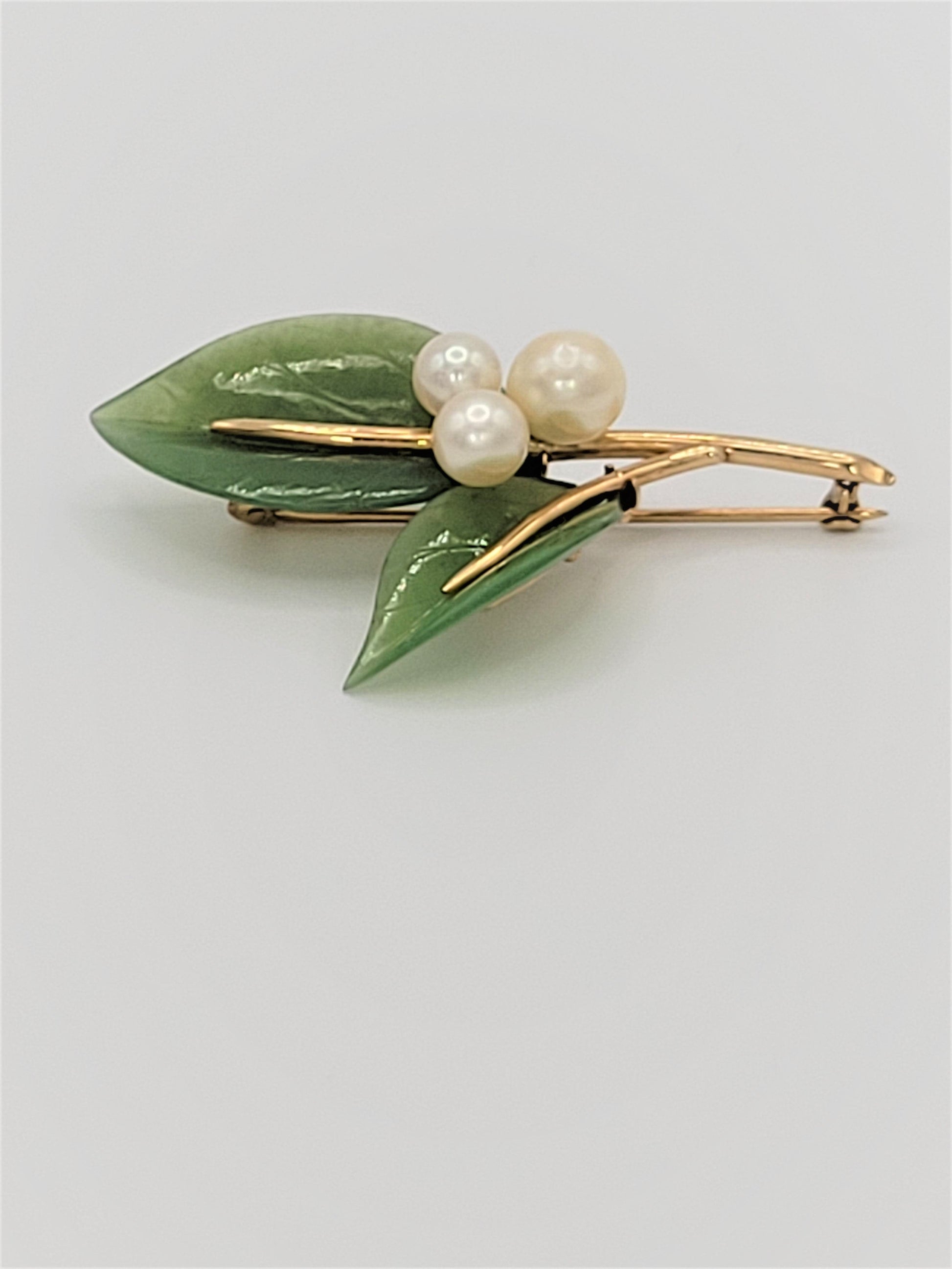 Gump's Jewelry Vintage Gumps 14k Gold Pearl Green Jade Flora Fauna Brooch RARE Mint Condition!