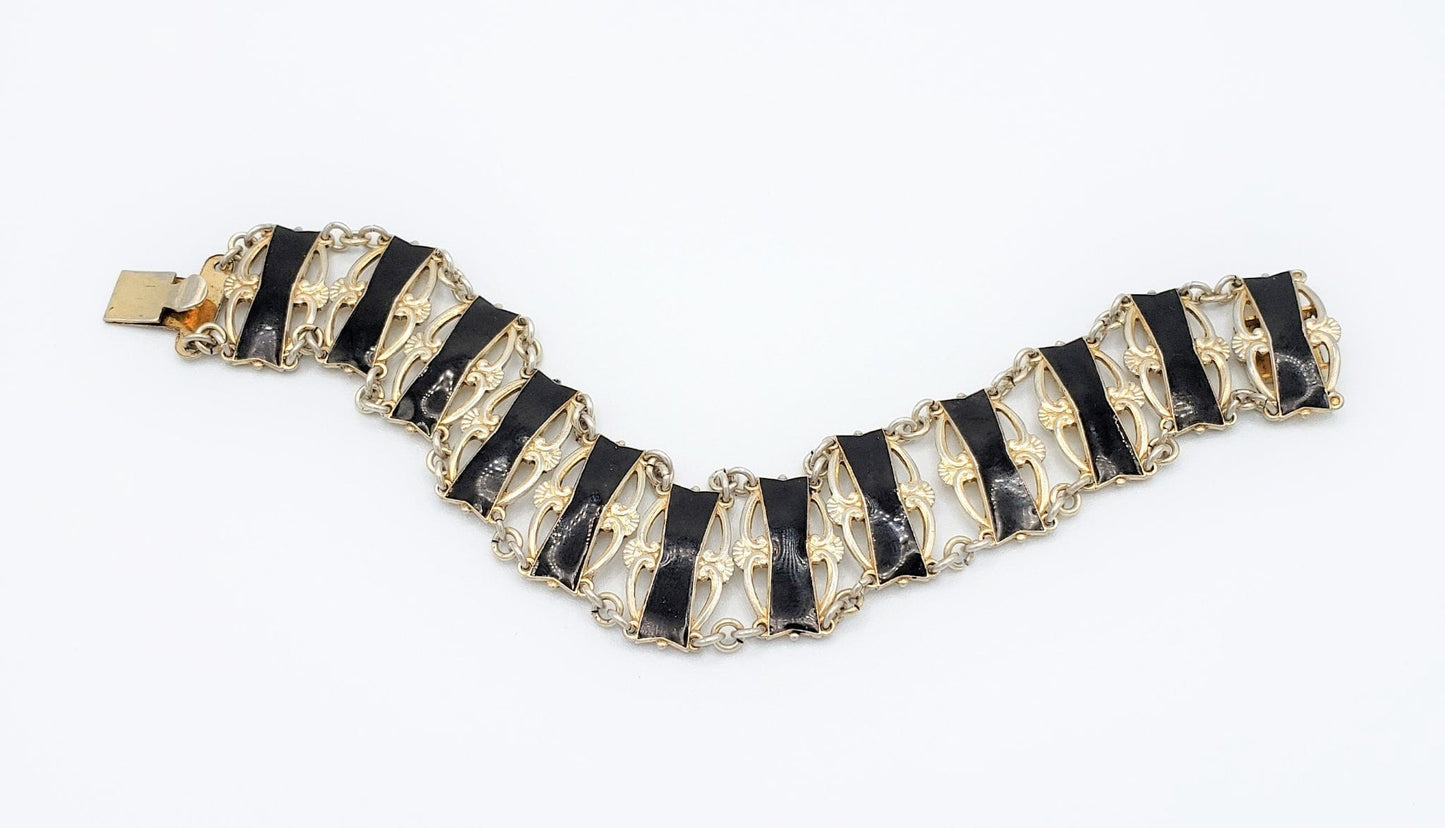 Ivar Holth Jewelry Ivar Holth Norway Sterling & Black Enamel Art Deco Panel Link Bracelet 1940s