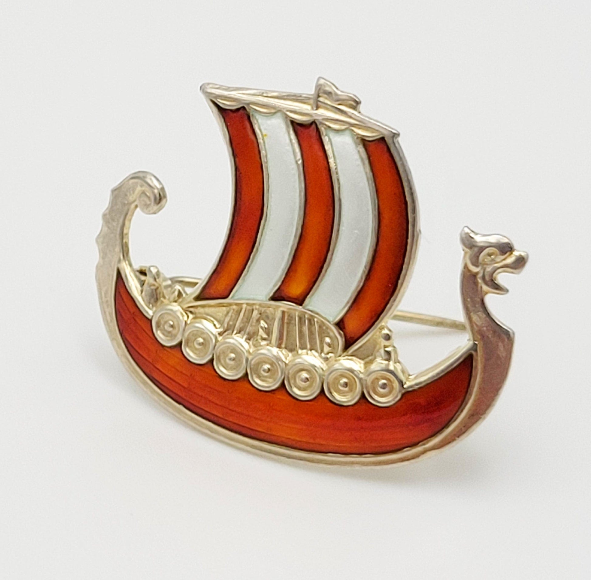 Ivar Holth Jewelry Ivar Holth Norway Sterling Red Enamel Viking Ship Longboat Brooch Pin 1950s