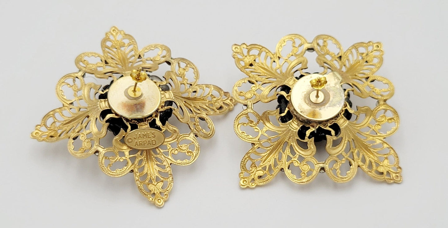 James Arpad Jewelry James Arpad France Gold & Black Crystals Flower Couture Runway Earrings 1980s