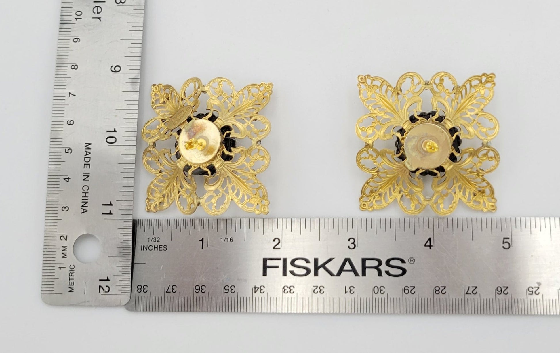James Arpad Jewelry James Arpad France Gold & Black Crystals Flower Couture Runway Earrings 1980s