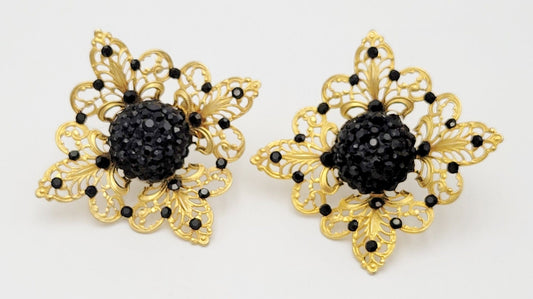 James Arpad Jewelry VNTG James Arpad France Gold/Black Crystal Art Nouveau COUTURE RUNWAY Earrings
