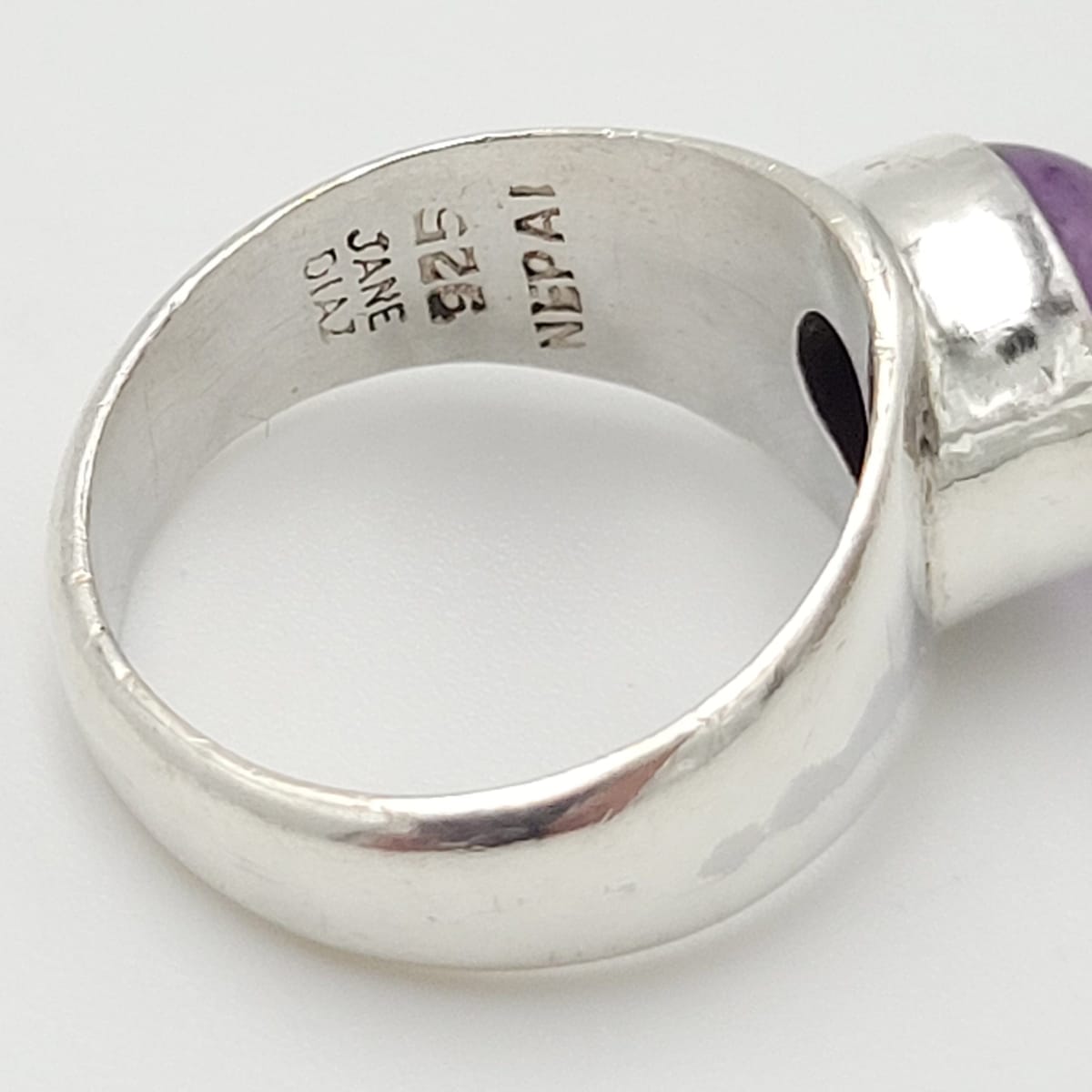 Jane Diaz Nepai Jewelry Designer Jane Diaz Nepali Sterling &amp; Amethyst Domed Cocktail Ring 1990s