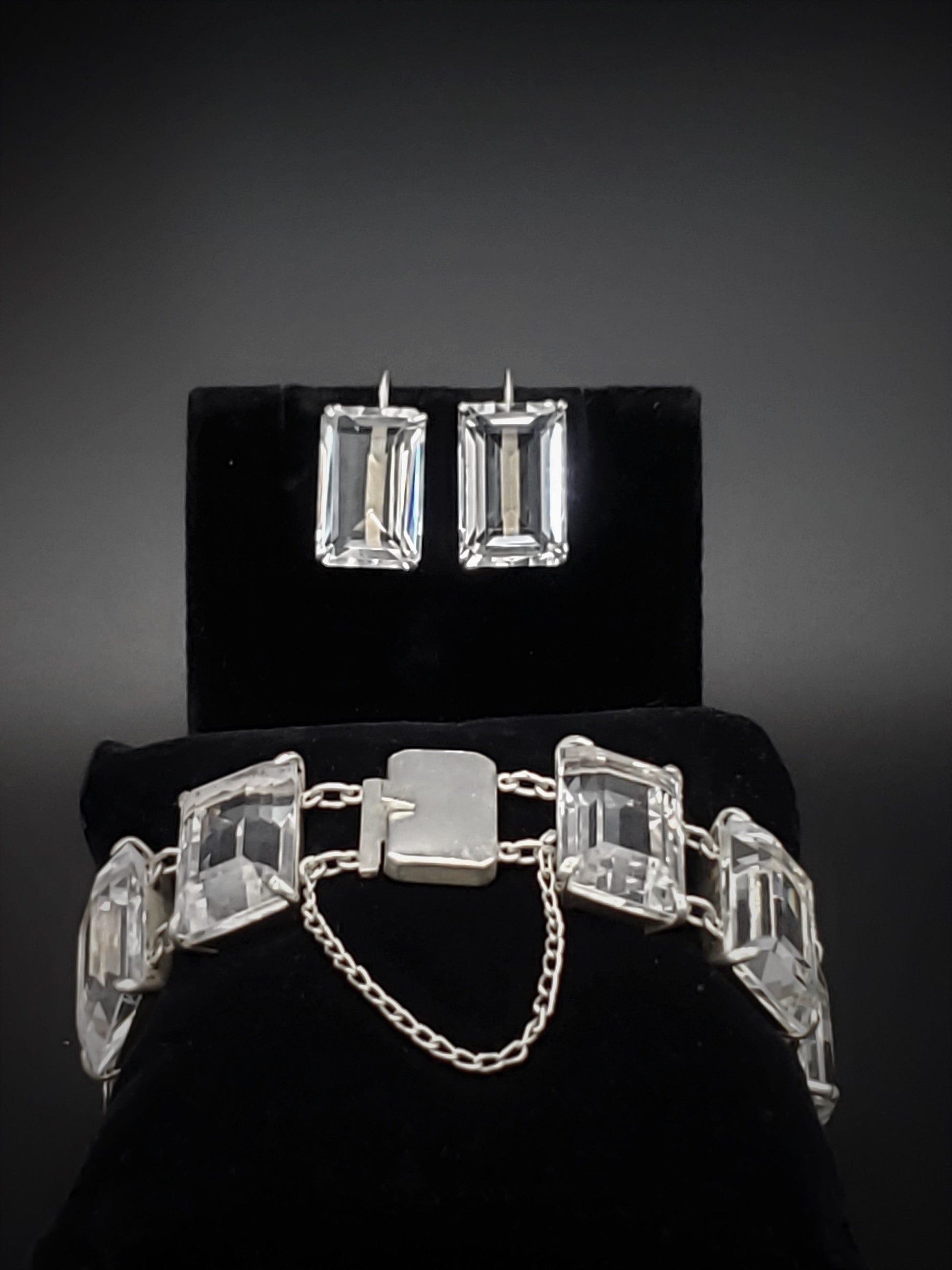 Japan Silver Jewelry Superb Japanese Sterling Art Deco Quartz Crystal Bracelet Earrings SET 1930s