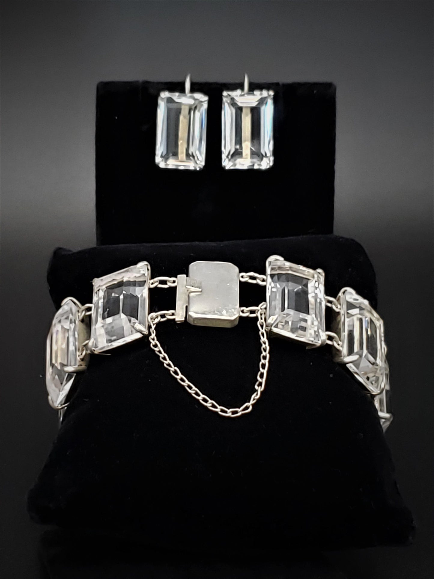 Japan Silver Jewelry Superb Japanese Sterling Art Deco Quartz Crystal Bracelet Earrings SET 1930s