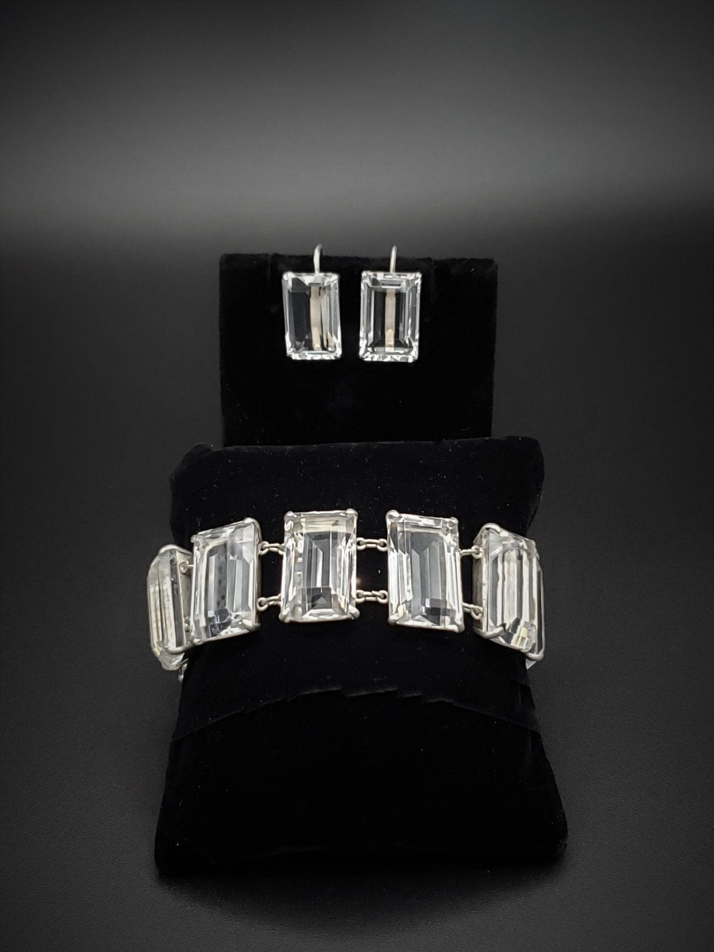 Japan Silver Jewelry Superb Japanese Sterling Art Deco Quartz Crystal Bracelet Earrings SET Circa 1930s