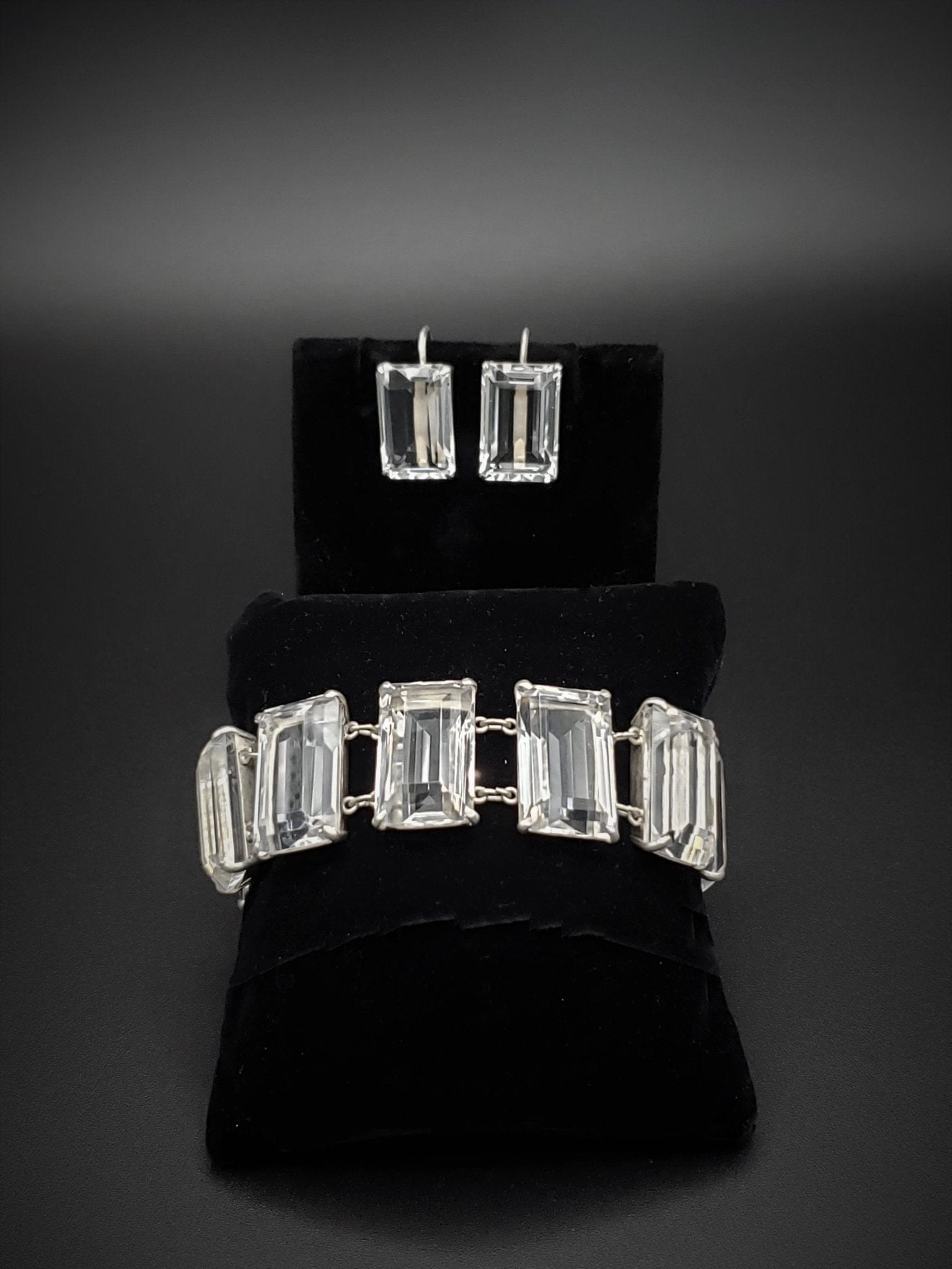 Japan Silver Jewelry Superb Japanese Sterling Art Deco Quartz Crystal Bracelet Earrings SET Circa 1930s