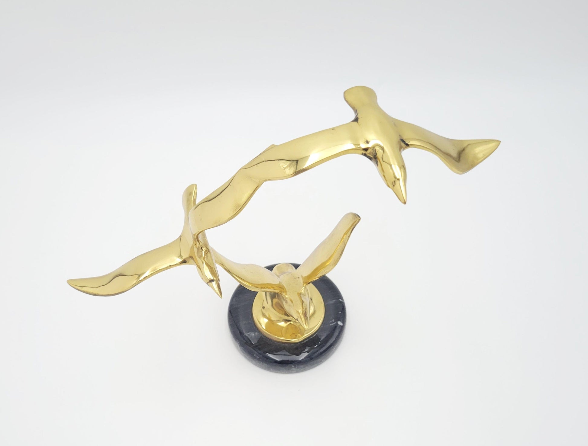 Jere Style Sculpture Sculpture Vintage Jere Style Shiny Brass Modernist Birds in Flight Sculpture Marble Base