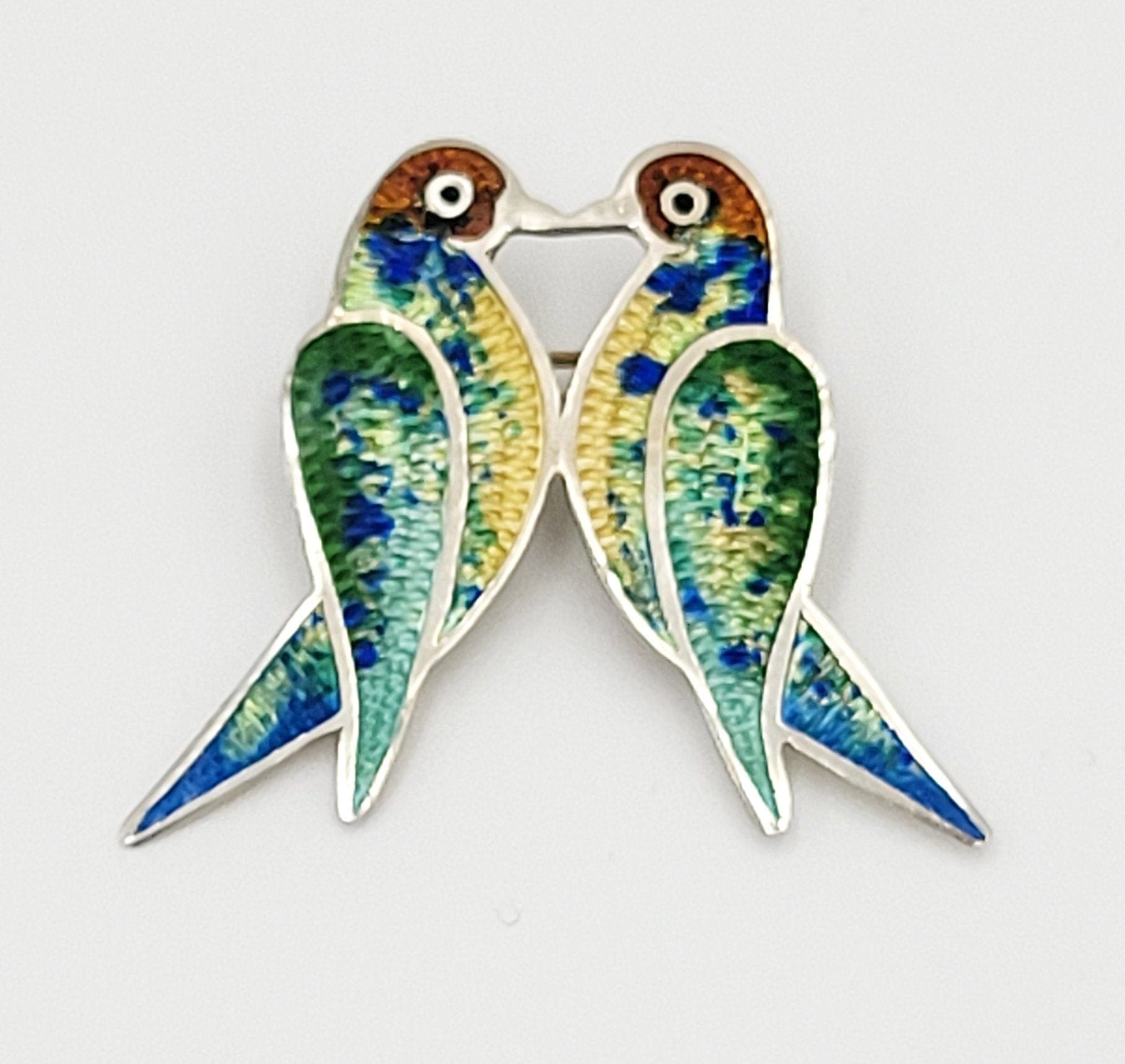Jeronimo Fuentes Jewelry Jeronimo Fuentes of Margot de Taxco Sterling Enamel Love Birds Brooch 1950s